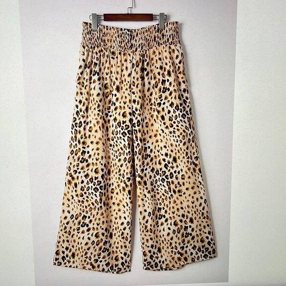 Leopard Print Smock Waist Wide Leg Flowy Pants w/ Pockets Tan Brown Black 2XL - Picture 1 of 5